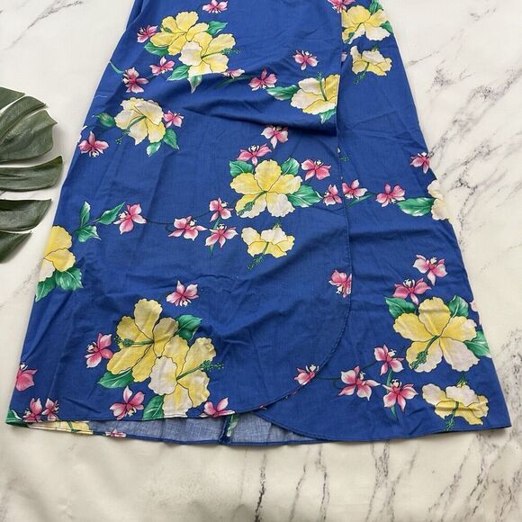 Kimos Polynesian Shop Womens Vintage Wrap Midi Dress Size S Blue Yellow Hawaiian - Picture 4 of 12